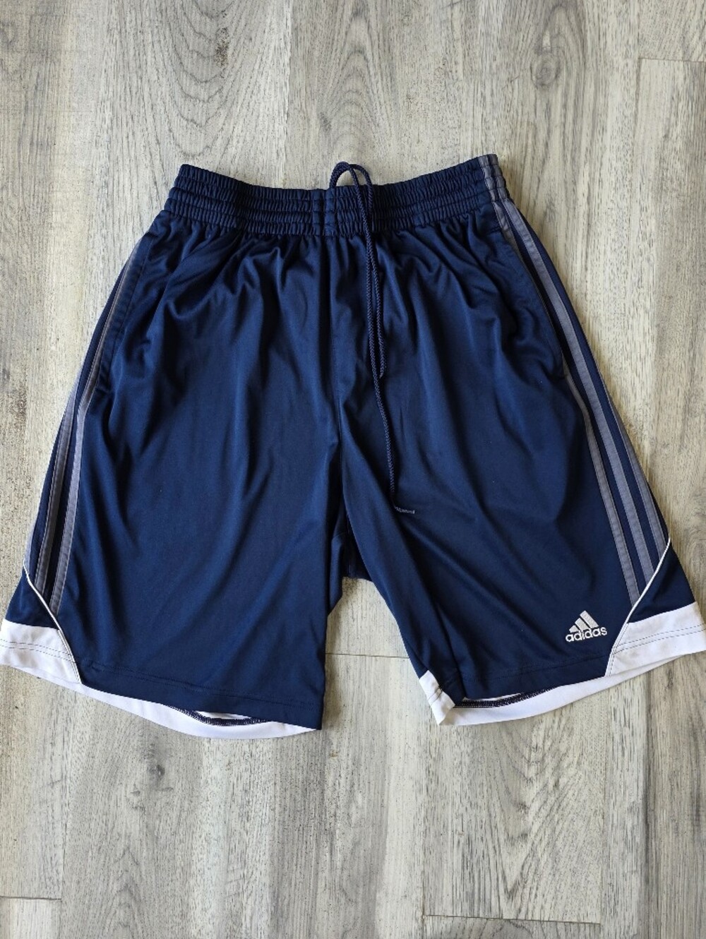 Adidas ClimaLite Mens Athletic Shorts Large Navy Blue 3 Stripe Drawstring